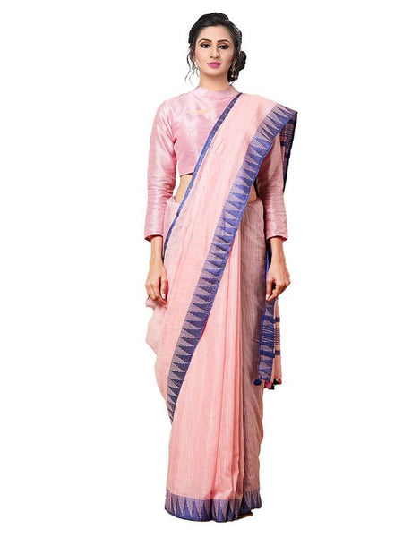Orchid Pink women's Bhagalpuri Handloom Kota Silk Temple Border Saree And Variation Of Colors With Striped Blouse Piece