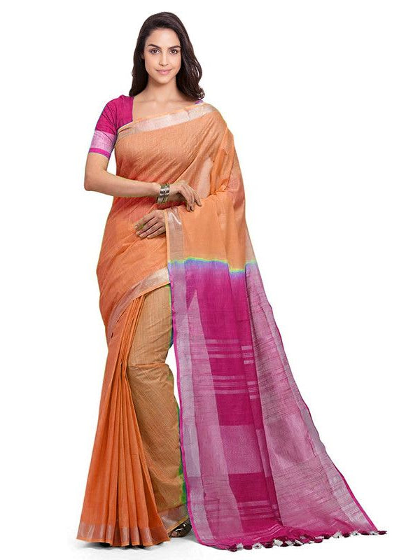 Pumpkin Orange & Raspberry Pink women's  Handloom Bhagalpuri Linen Cotton Slub Blend Two Dye Saree With Running Unstitched Blouse Piece