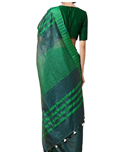 Midnight Green women's Bhagalpuri Handloom Kota Silk Temple Border Saree And Variation Of Colors With Striped Blouse Piece - View 4