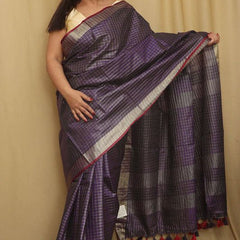 Linen Cotton Blend Handloom Check Saree with Gold Zari Border