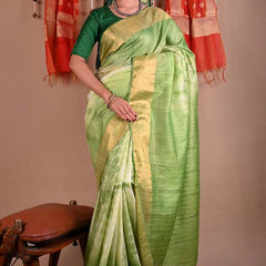 Green Sequins Bhagalpuri Handloom Silk Striped Sibory (Tie-Dye) Saree