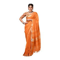 Linen Cotton Blend Handloom Bhagalpuri Saree with Zari Border (12790 Jaffy_Orange) - View 3