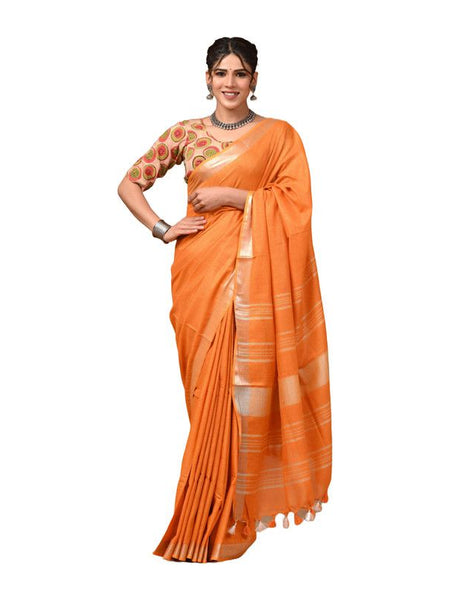 Linen Cotton Blend Handloom Bhagalpuri Saree with Zari Border (12790 Jaffy_Orange) - View 3