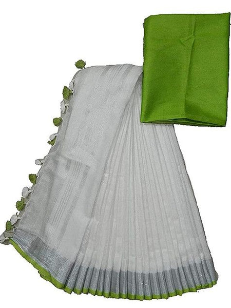White-Parrot women's Bhagalpuri Blend Linen Saree With Contrast Blouse Piece - View 3