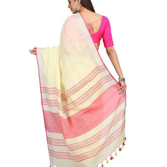 Handloom Linen Cotton Blend Contrast Pallu Bhagalpuri Saree for Women (Creame-Pink) - View 3