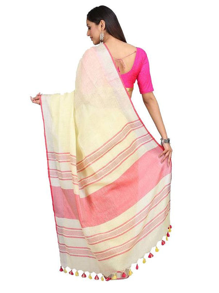 Handloom Linen Cotton Blend Contrast Pallu Bhagalpuri Saree for Women (Creame-Pink) - View 3