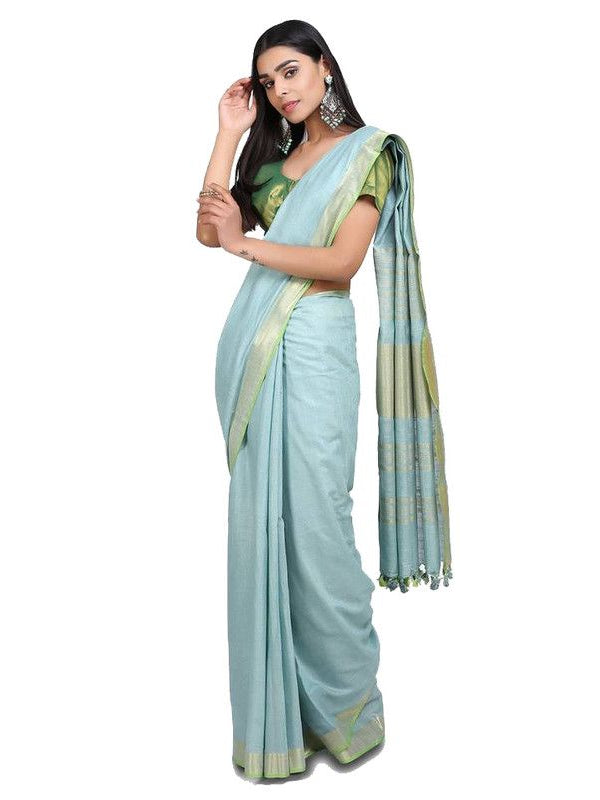 Linen Cotton Blend Contrast Handloom Bhagalpuri Saree (Gold-Mint_Cyan-Parrot_Green)