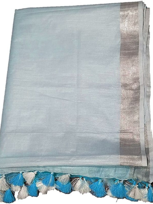 Vivid Sky Blue women's Bhagalpuri Linen-Slub Blend Two Dye Saree With Blouse Piece - View 4