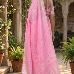 Bhagalpuri Handwoven Cotton-linen Blend Saree With Running Blouse Piece(Baby Pink) - View 5