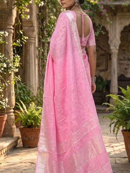 Bhagalpuri Handwoven Cotton-linen Blend Saree With Running Blouse Piece(Baby Pink) - View 5