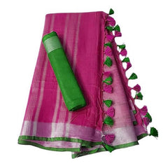 Handloom Bhagalpuri Linen Cotton Blend Contrast Border Saree for Women (12636 Hot_Pink-Green) - View 2