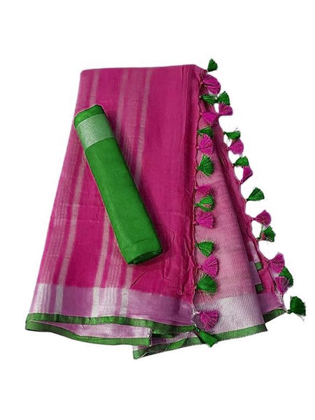 Handloom Bhagalpuri Linen Cotton Blend Contrast Border Saree for Women (12636 Hot_Pink-Green) - View 2