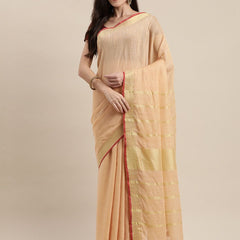 Linen Cotton Blend Contrast Handloom Bhagalpuri Saree for Women (Gold-Calico_Beige-Red) - View 2