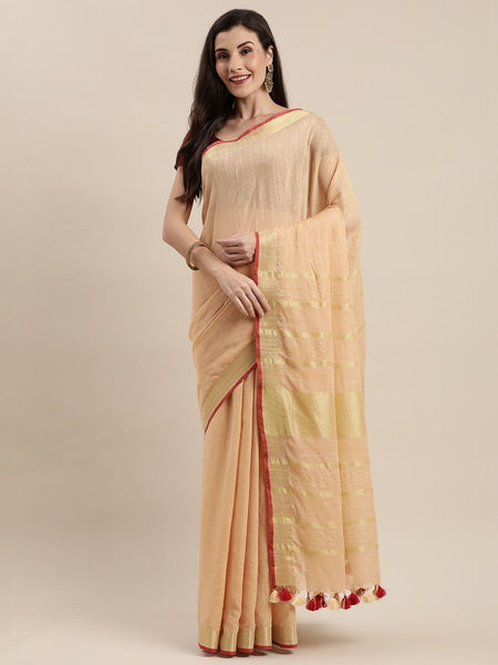Linen Cotton Blend Contrast Handloom Bhagalpuri Saree for Women (Gold-Calico_Beige-Red) - View 2