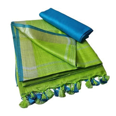 Handloom Bhagalpuri Linen Cotton Blend Contrast Border Saree for Women (12641 Parrot_Green-Cyan) - View 2