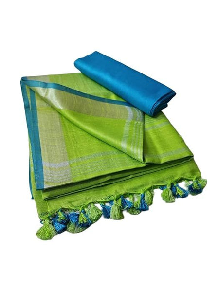 Handloom Bhagalpuri Linen Cotton Blend Contrast Border Saree for Women (12641 Parrot_Green-Cyan) - View 2