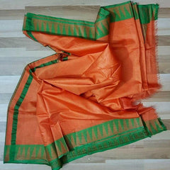 Semi Tussar Silk Handloom Temple Border Bhagalpuri Saree (100173 Bright_Orange-British_Green)