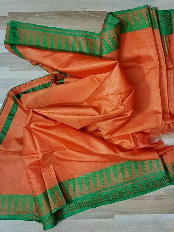 Semi Tussar Silk Handloom Temple Border Bhagalpuri Saree (100173 Bright_Orange-British_Green)