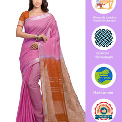 Neon Pink & Mohangni Orange women's Bhagalpuri Handloom Pure Cotton Two Dye Saree With Running Unstitched Blouse Piece - View 3