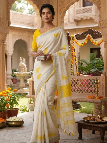 Handwoven Bhagalpuri Linen Blend Embroidered Saree With Contrast Blouse Piece(White_Yellow) - View 4