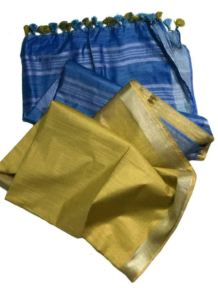 Celtic Skyblue & Pear Green women's Ethnic Wear Bhagalpuri Handloom Cotton Linen Blend Two Dye Saree With Running Unstitched Blouse Piece - View 2