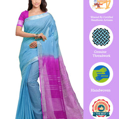 Pacific Cyan & Wild Strawberry women's Handloom Bhagalpuri Linen Blend Two Dye Saree With Running Unstitched Blouse Piece - View 2