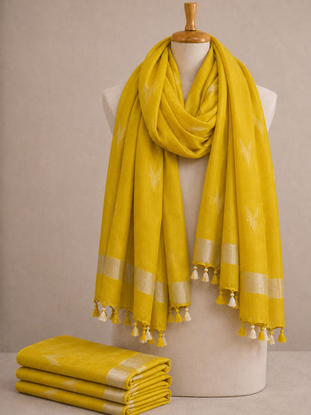 Linen Cotton Blend Zari Weaving Handloom Ikkat Dupatta (12028 Canary_Yellow)