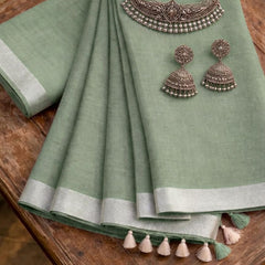Bhagalpuri Handwoven Cotton-Linen Blend Saree With Running Blouse Piece(Sage Green)