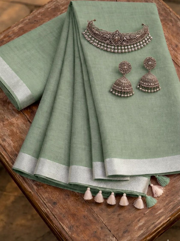 Bhagalpuri Handwoven Cotton-Linen Blend Saree With Running Blouse Piece(Sage Green)