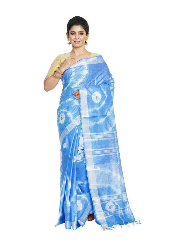 Capri Cyan women's Bhagalpuri Handloom Linen Blend Tie-Dye (Sibory Dye) Saree With Running Unstiched Blouse Piece