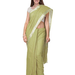 Khaki Green women's Handloom Bhagalpuri Cotton Linen Slub Blend Zari Border Saree Ethnic Wear With Running Unstitched Blouse Piece