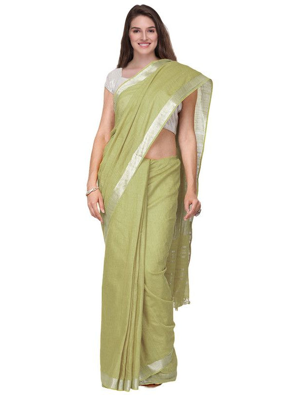 Khaki Green women's Handloom Bhagalpuri Cotton Linen Slub Blend Zari Border Saree Ethnic Wear With Running Unstitched Blouse Piece