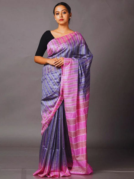 Women's Handloom Two Dye Semi Tussar Silk Striped Bhagalpuri Saree (Cold_Purple & Brilkliant_Pink) - View 3