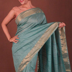Handloom Silk Bhagalpuri Striped Sequins Turquoise Saree - View 3
