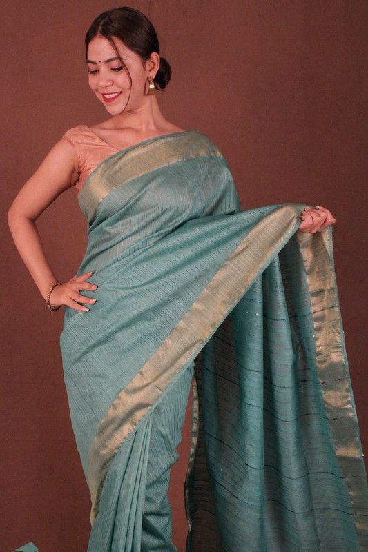 Handloom Silk Bhagalpuri Striped Sequins Turquoise Saree - View 3