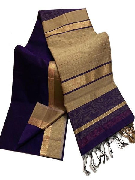 Tussar Cotton Silk Bhagalpuri Saree with Designed Border for women's (Dark Indigo Purple)