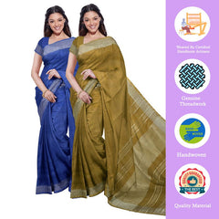 Cobalt Blue & Olive Green women's Bhagalpuri Handloom Cotton-Linen Blend Saree Combo (Pack Of 2) With Running Unstiched Blouse Piece - View 2