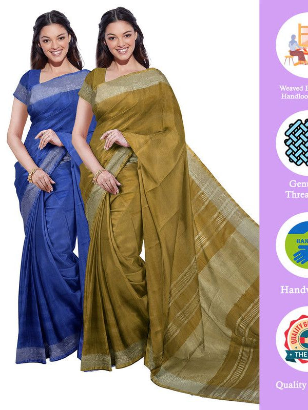 Cobalt Blue & Olive Green women's Bhagalpuri Handloom Cotton-Linen Blend Saree Combo (Pack Of 2) With Running Unstiched Blouse Piece - View 2