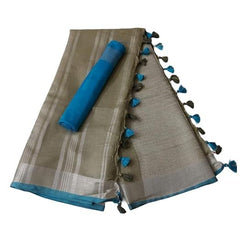 Handloom Bhagalpuri Linen Cotton Blend Contrast Border Saree for Women (12609 Ash_Grey-Cyan) - View 2