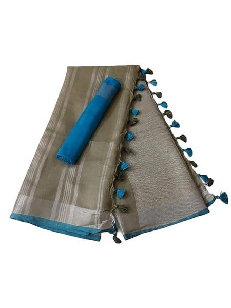 Handloom Bhagalpuri Linen Cotton Blend Contrast Border Saree for Women (12609 Ash_Grey-Cyan) - View 2