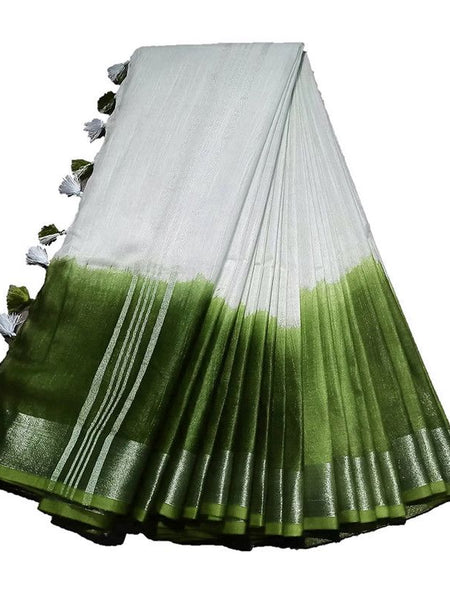 Avocado Green women's Handloom Bhagalpuri Linen Cotton Slub Blend Two Sided Two Dye Saree Running Unstitched Blouse Piece - View 4