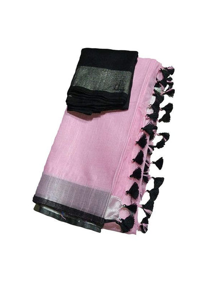 Baby Pink-Black women's Handloom Bhagalpuri Cotton Linen Blend Saree Ethnic Wear With Contrast Unstitched Blouse Piece