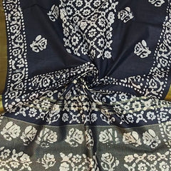 Bhagalpuri Linen Cotton Blend Handloom Batik Print Saree (GLBR_Gold-Black) - View 9