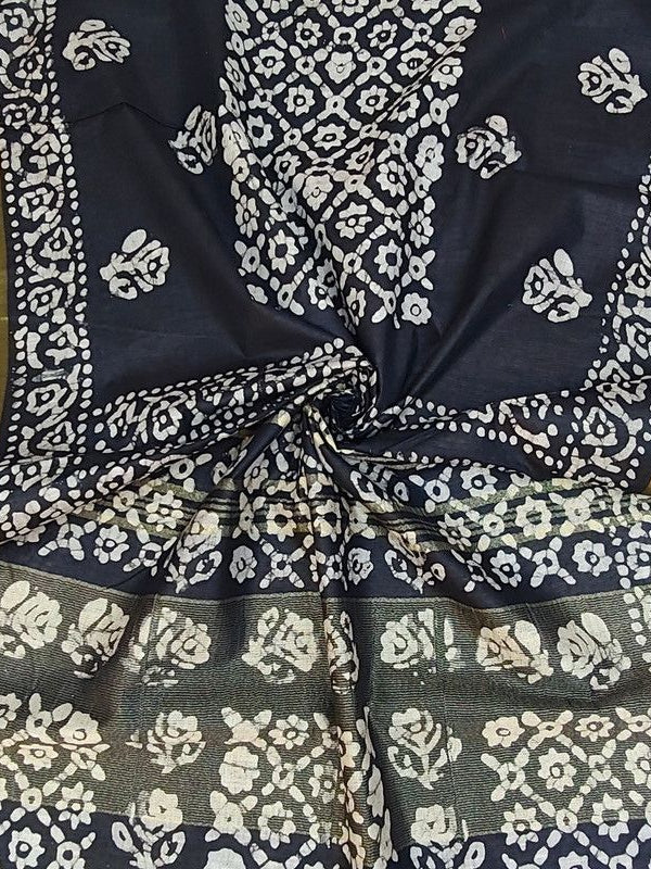 Bhagalpuri Linen Cotton Blend Handloom Batik Print Saree (GLBR_Gold-Black) - View 9