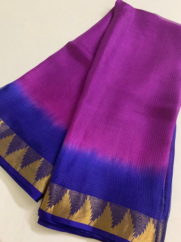 Handloom Kota Silk Organza Net Temple Border Two Dye Bhagalpuri Saree (Magenta & Duke_Blue)
