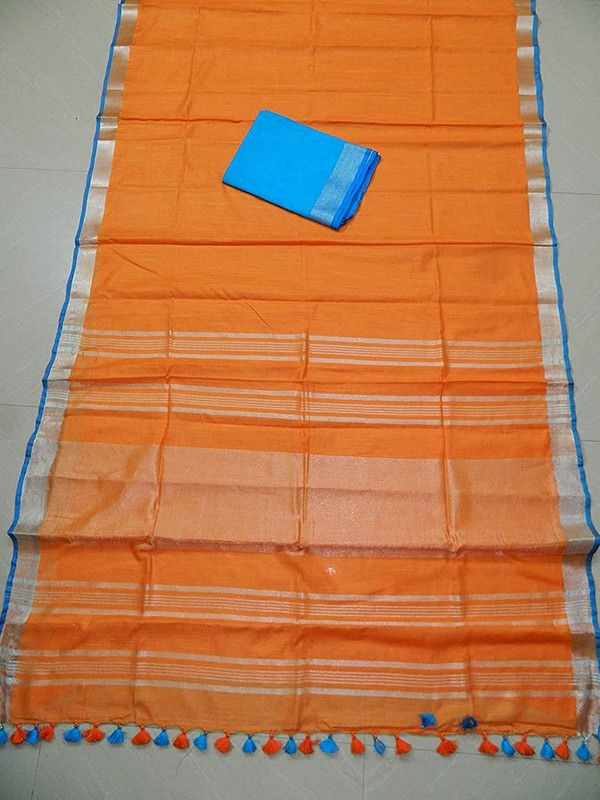 Orange women's Bhagalpuri Blend Linen Saree With Free Contrast Blouse Piece - View 4