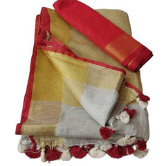 Handloom Bhagalpuri Linen Cotton Blend Contrast Border Saree for Women (12627 Gold-White-Red) - View 2