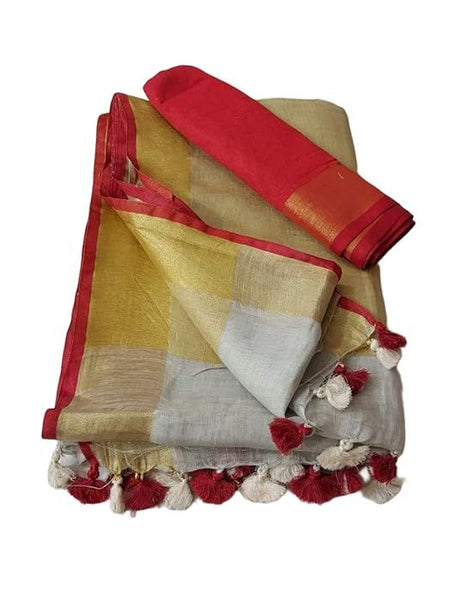 Handloom Bhagalpuri Linen Cotton Blend Contrast Border Saree for Women (12627 Gold-White-Red) - View 2