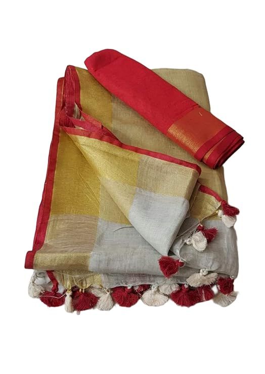 Handloom Bhagalpuri Linen Cotton Blend Contrast Border Saree for Women (12627 Gold-White-Red) - View 2