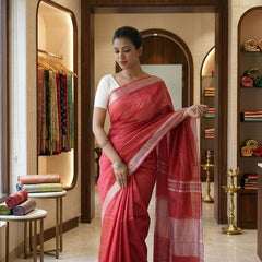 Handwoven Linen Blend Saree With Running Blouse Piece(Red) - View 2